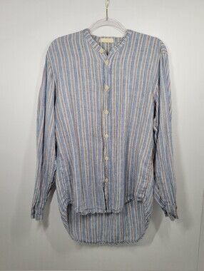CP Shades Blue Maroon Striped 100% Linen Long Sleeve Button Up Shirt Women Sz M